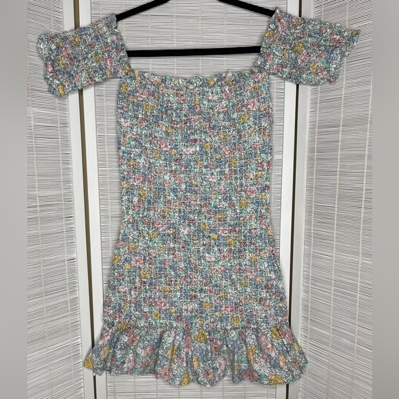Petersyn Benson Off Shoulder Smocked Floral Mini Dress Blue Pink Size S NWT - Picture 4 of 8